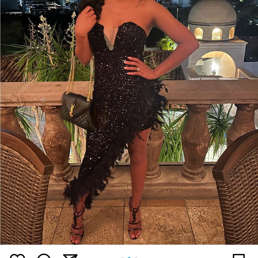 Black sequin feather asymmetrical dress